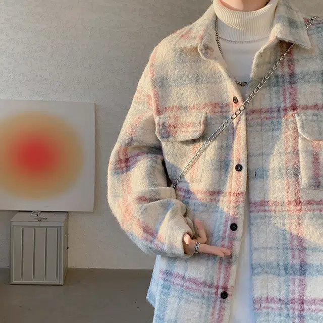 加荣 美拉德撞色呢料夹克男秋季潮牌学生上衣男装小香风格子设计毛呢外衣男时尚高级毛衬衫男款青少年初中生帅气百搭男士外套 男女同款