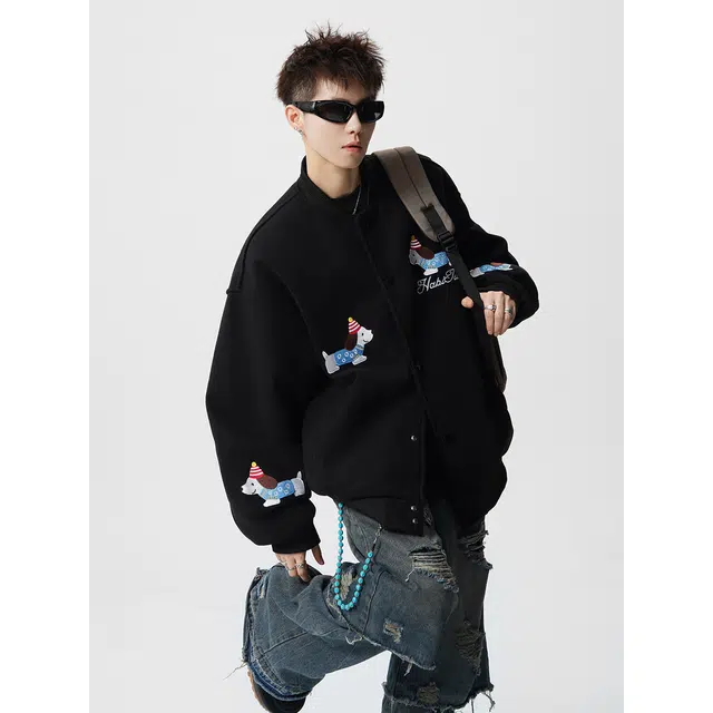 加荣 美式腊肠狗刺绣棒球领秋季休闲百搭呢子飞行复古潮牌运动青少年酷帅时尚高端情侣夹克外套 男女同款