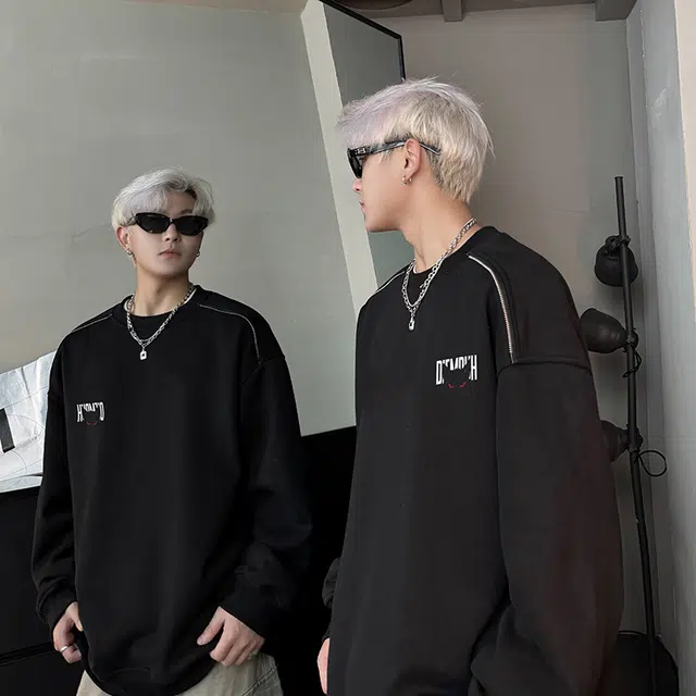 加荣 美式潮牌嘻哈街头字母印花圆领卫衣男早秋设计感外衣男款青少年无帽休闲服男装小众高级外套男宽松百搭打底长袖男士上衣 男女同款