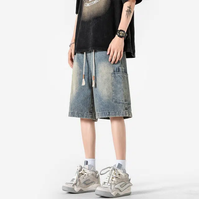 加荣 薄款美式高街大码水洗做旧痞帅宽松休闲五分裤工装牛仔短裤 男女同款