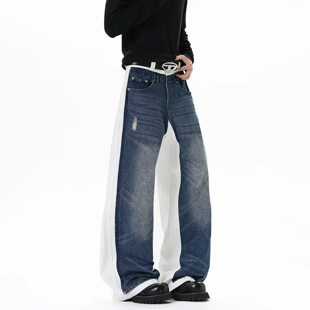 加荣 美式复古蓝白拼接弯刀牛仔裤男时尚高级感直筒裤男休闲百搭裤男款宽松舒适阔腿裤男高街松弛感男痞帅炸街长裤 男女同款