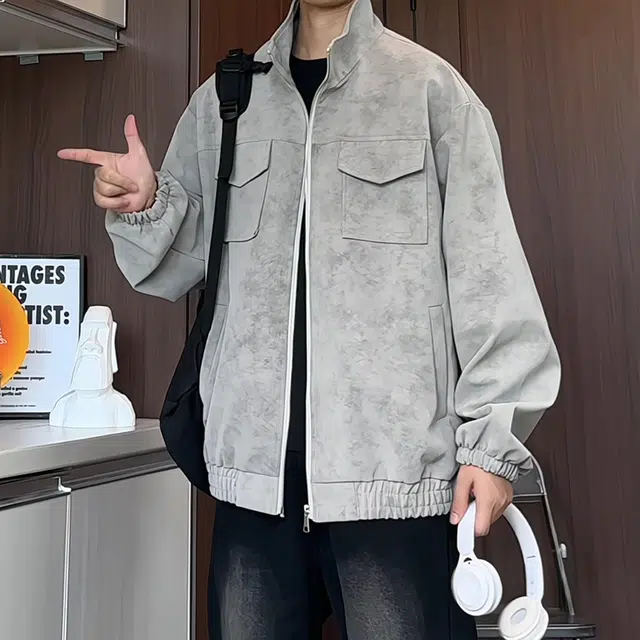加荣 美式复古扎染高级感立领机车飞行员工装小众设计感多口袋休闲宽松痞帅潮流百搭夹克外套 男女同款