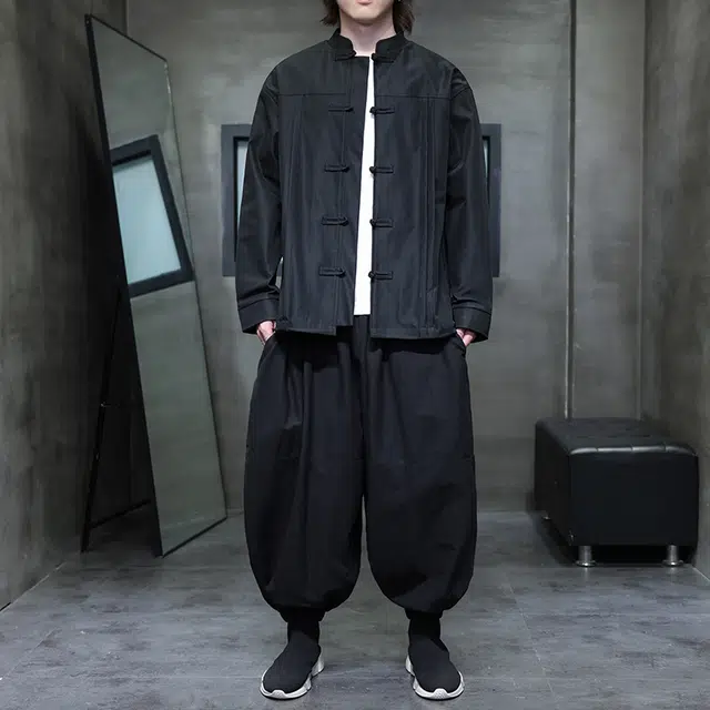 加荣 新中式长袖衬衫男复古改良汉服男时尚宽松夹克男装中国风盘扣唐装衬衣男秋季高级感打褶设计上衣男款立领伴郎外套 男女同款