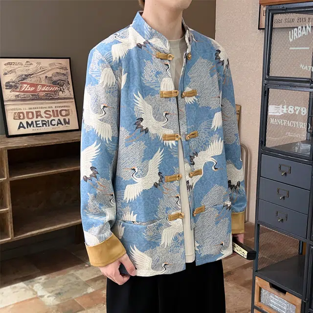加荣 中国风仙鹤印花唐装盘扣立领衫潮流中山装新中式刺绣鹿皮绒夹克 男女同款