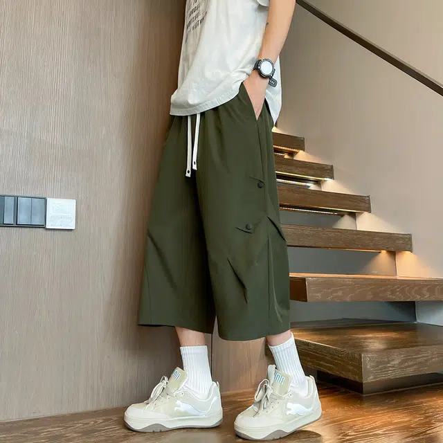 加荣 美式伞兵薄款冰丝透气速干垂感直筒休闲大码过膝潮流百搭七分裤工装短裤 男女同款