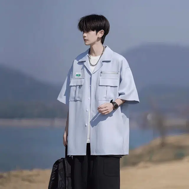 加荣 美式速干工装短袖衬衫透气男款夏季潮牌宽松大码男生高级休闲衬衣外套 男女同款