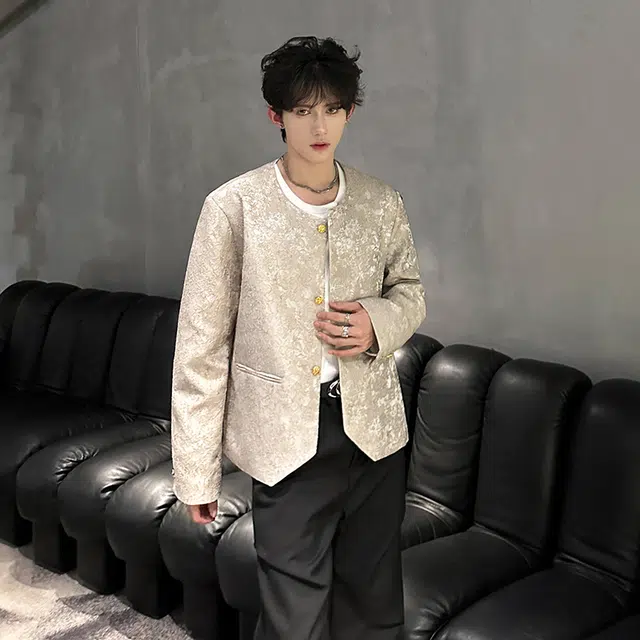 加荣 新中式短款垫肩夹克男中国风提花设计感高级西装男款早秋宽松痞帅外衣男装时尚洋气西服男慵懒风松弛感上衣礼服外套 男女同款