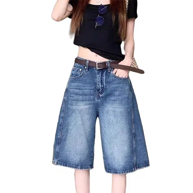 加荣 复古水洗五分裤男夏季轻薄透气潮牌青少年日常出行通勤百搭男裤小众设计感高腰显瘦宽松阔腿裤休闲裤牛仔短裤 男女同款