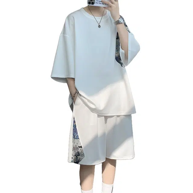 加荣 冰丝刺绣小熊拼接休闲套装男夏季轻薄透气潮牌青少年户外出行百搭国风大码宽松短袖短裤一整套休闲运动套装 男女同款