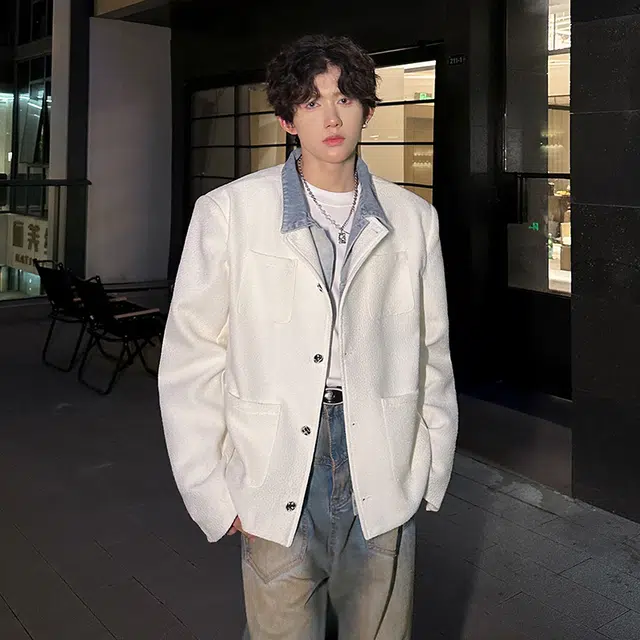 加荣 美式高级感毛呢小香风夹克男时尚垫肩上衣男装秋季潮牌外衣男款宽松百搭外装男士高端粗花亮片外套 男女同款