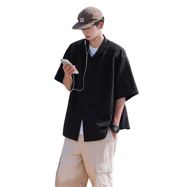 加荣 美式短袖衬衫男生夏季轻薄透气潮牌时尚百搭青少年日常出行冷淡系小众高级感衬衣宽松慵懒垂感五分袖上衣 男女同款
