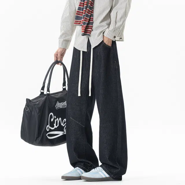 加荣 美式复古设计感弯刀牛仔裤男秋季潮流时尚宽松休闲松紧腰直筒裤春秋高级感青少年潮牌痞帅拼接裤通勤百搭基础款男士长裤 男女同款