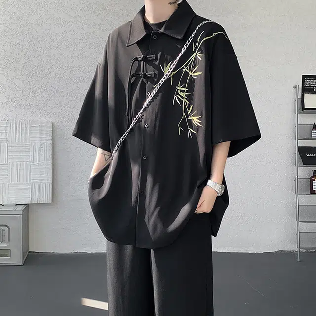 加荣 新中式盘扣薄款透气高级感国风竹子刺绣冰丝盘扣外套特国风短袖衬衫 男女同款