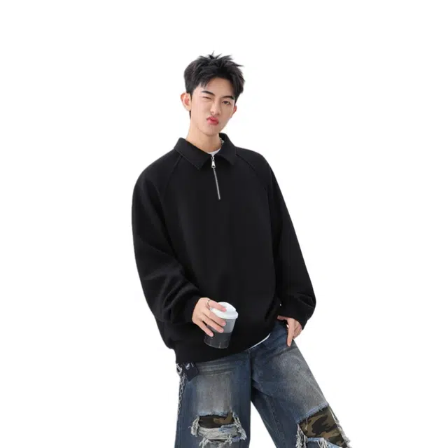 加荣 美式潮流半拉链男外套宽松翻领百搭小众男秋卫衣时尚高端衣服慵懒风情侣青少年男装帅气学生春秋季舒适上衣 男女同款