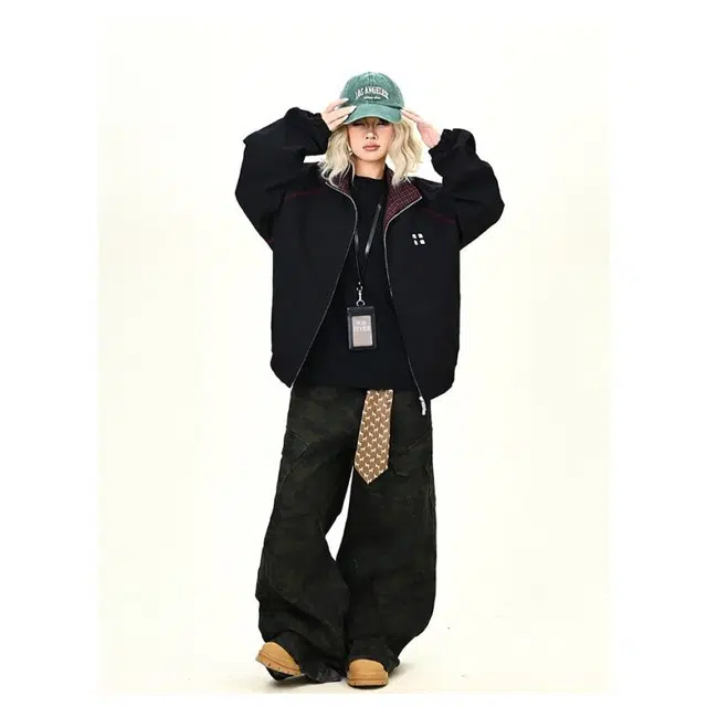 加荣 美式格子拼接设计拉链夹克男款简约字母刺绣立领插肩外衣女宽松潮牌男装上衣早秋街头复古冲锋衣男百搭运动休闲女装外套 男女同款