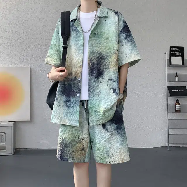 加荣 美式复古渐变短袖透气泡泡短裤度假搭配衬衫套装 男女同款