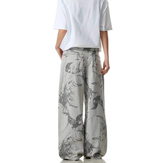 加荣 美式提花牛仔裤男秋季潮牌宽松直筒阔腿裤男款小众设计感工装裤男复古显瘦垂感拖地裤男士慵懒风微喇裤男装休闲百搭长裤 男女同款