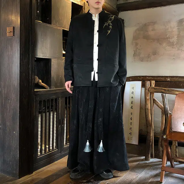 加荣 中国风麂皮绒唐装秋季盘扣翠竹刺绣立领中山装宽松休闲礼服青少年酷帅潮流时尚高级感居士服夹克外套 男女同款