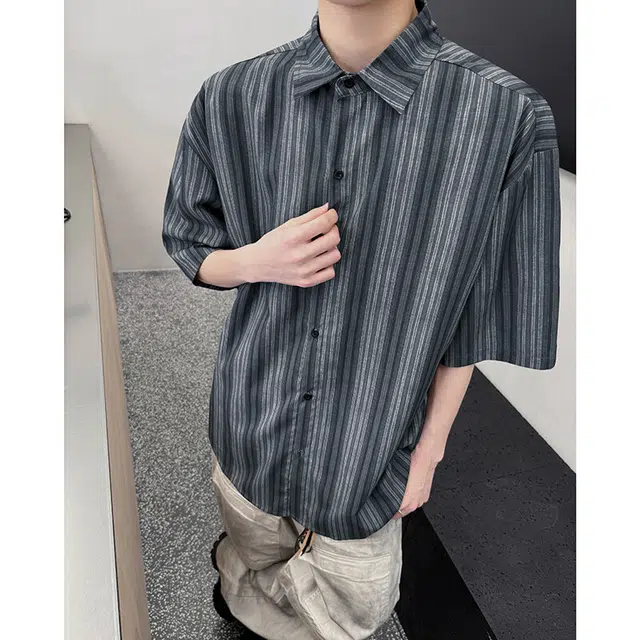 加荣 薄款透气复古条纹短袖衬衫 男女同款