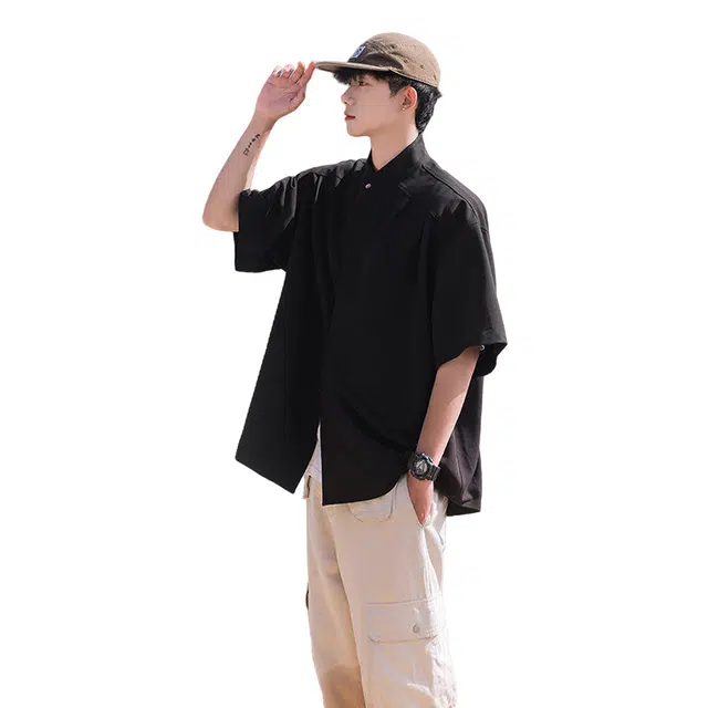 加荣 美式短袖衬衫男生夏季轻薄透气潮牌时尚百搭青少年日常出行冷淡系小众高级感衬衣宽松慵懒垂感五分袖上衣 男女同款