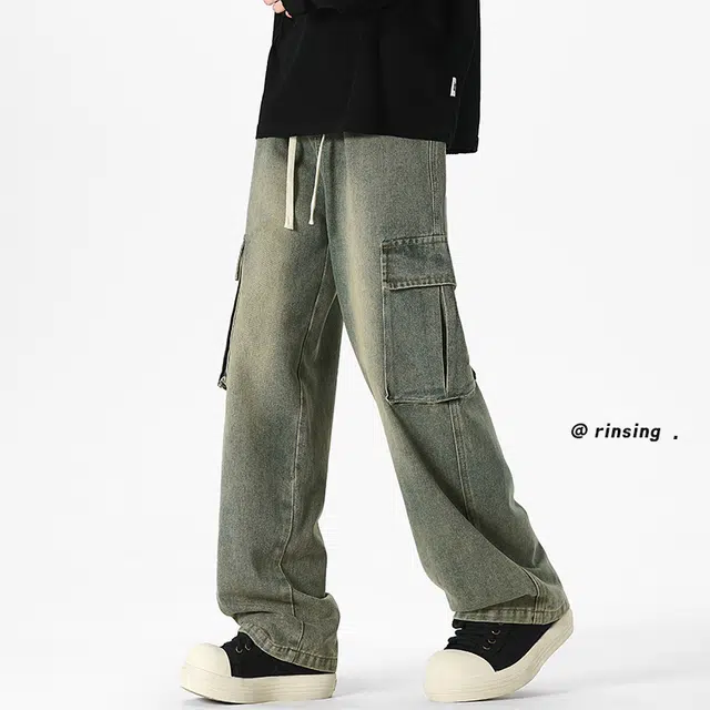 加荣 日常百搭男裤子美式学院风水洗做旧男牛仔裤宽松休闲工装大口袋男拖地裤高街复古男直筒春秋适亲肤显高显瘦男长裤 男女同款
