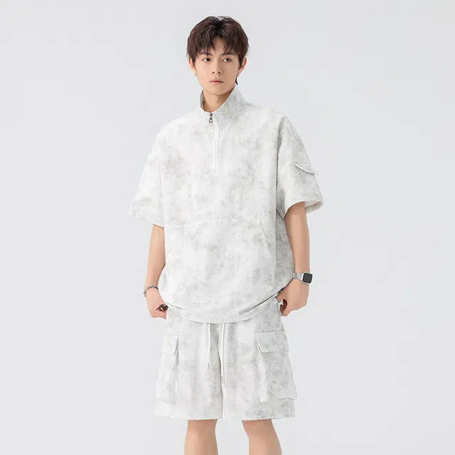 加荣 薄款宽松扎染冰丝短袖上衣百搭舒适时尚直筒五分裤休闲运动套装 男女同款