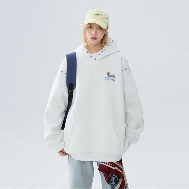 加荣 美式潮牌刺绣宽松连帽卫衣男拼接腊肠狗设计长袖男装高街百搭休闲套头衫男款时尚复古慵懒风帽衫外套男秋季酷帅上衣 男女同款