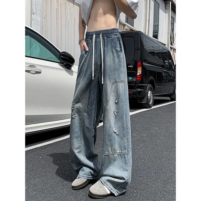 加荣 刺绣弯刀牛仔裤子夏季薄款透气设计感宽松垂感美式复古水洗做旧破洞牛仔裤高腰显瘦宽松直筒阔腿拖地长裤 男女同款