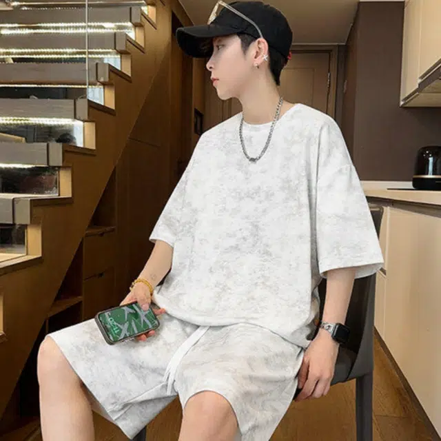 加荣 扎染青少年帅气学生复古高级感时尚初夏穿搭宽松直筒阔腿圆领短袖短裤休闲运动套装 男女同款