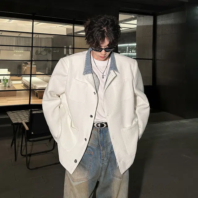 加荣 美式高级感毛呢小香风夹克男时尚垫肩上衣男装秋季潮牌外衣男款宽松百搭外装男士高端粗花亮片外套 男女同款