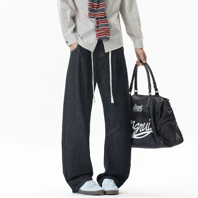 加荣 美式复古设计感弯刀牛仔裤男秋季潮流时尚宽松休闲松紧腰直筒裤春秋高级感青少年潮牌痞帅拼接裤通勤百搭基础款男士长裤 男女同款