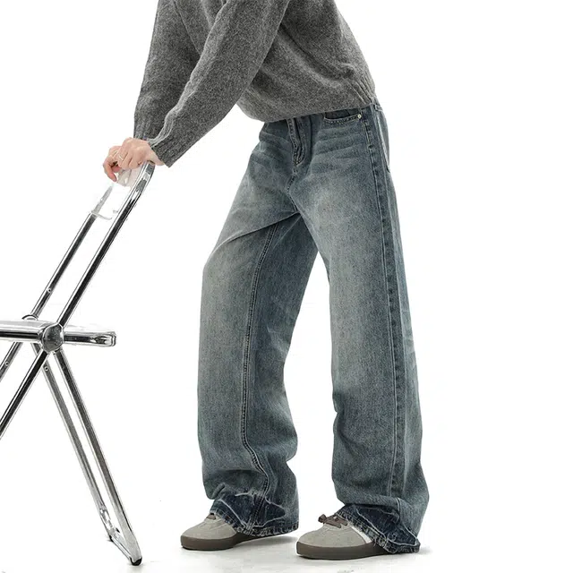 加荣 美式复古高腰牛仔裤男秋季宽松休闲直筒裤男生时尚高级感阔腿裤男款百搭拖地裤男士垂感弯刀裤男穿搭舒适长裤 男女同款