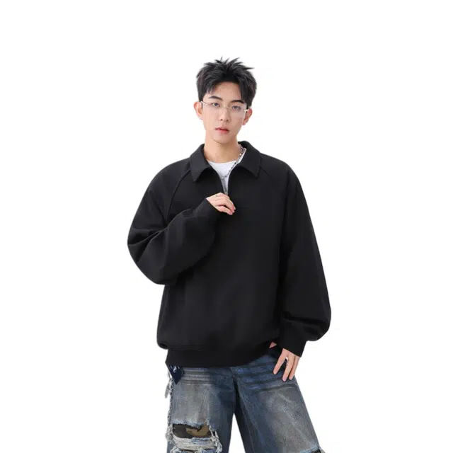 加荣 美式潮流半拉链男外套宽松翻领百搭小众男秋卫衣时尚高端衣服慵懒风情侣青少年男装帅气学生春秋季舒适上衣 男女同款