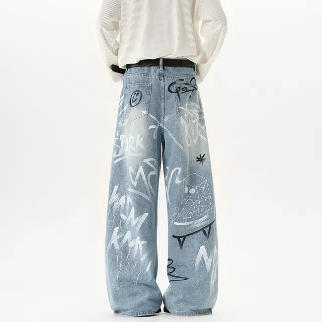 加荣 美式涂鸦印花牛仔裤男秋季复古水洗做旧阔腿裤男款潮流设计感百搭休闲裤男士街头痞帅宽松弯刀裤男小众情侣炸街直筒长裤 男女同款