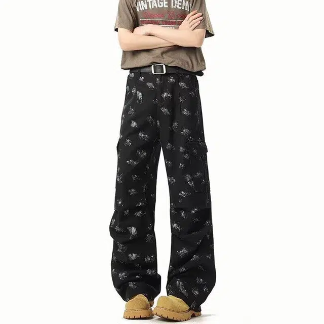 加荣 美式潮流漆点直筒牛仔裤男秋季宽松休闲裤子青少年痞帅炸街阔腿裤字母设计感高街微喇裤春秋百搭可系皮带基础款男士长裤 男女同款