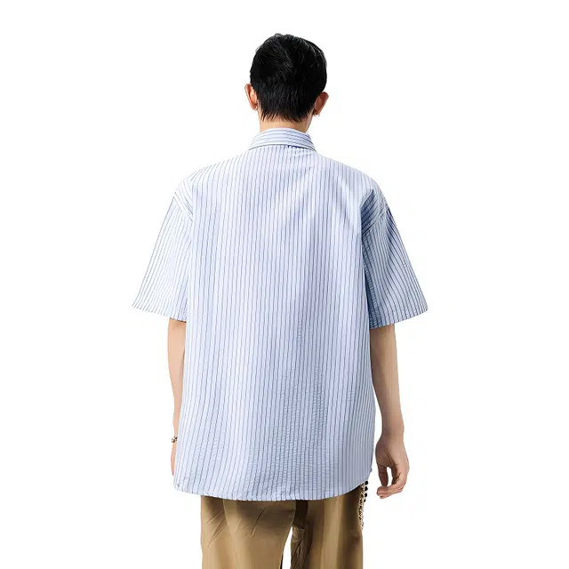 加荣 学院薄款透气泡泡条纹领带美式潮牌宽松帅气休闲短袖衬衫 男女同款