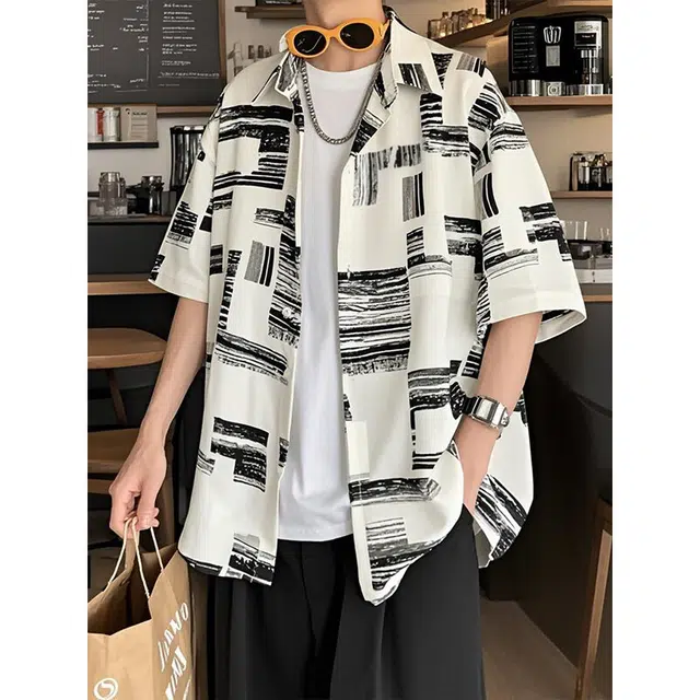 加荣 美式条纹薄款透气日系复古宽松大码休闲潮流痞帅尖领短袖衬衫 男女同款