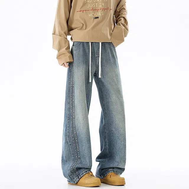 加荣 美式复古水洗直筒牛仔裤男秋季潮牌宽松阔腿裤男休闲百搭裤男款青少年痞帅男装裤子抽绳松紧弯刀裤男舒适拖地长裤 男女同款