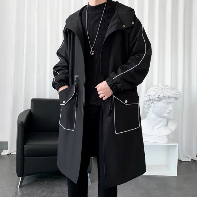 加荣 宽松休闲中长款英伦风连帽防风纯色长袖风衣 男女同款