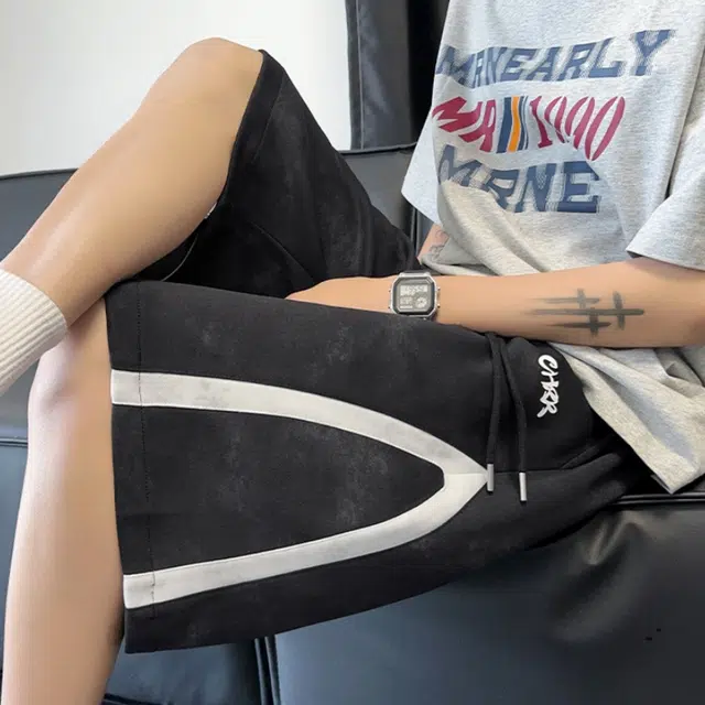 加荣 美式设计宽松大码拼接刺绣五分裤潮牌休闲短裤 男女同款