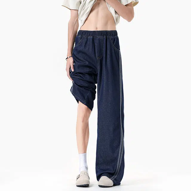 加荣 美式复古条纹薄款透气凉感莱赛尔冰丝裤宽松直筒垂感轻奢小众炸街裤慵懒风美式宽松拖地裤牛仔裤 男女同款