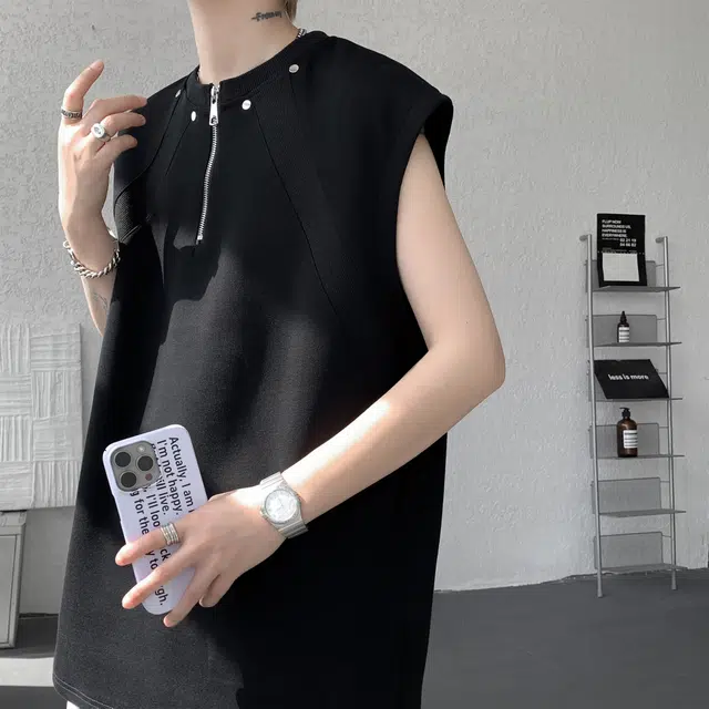 加荣 美式半拉链运动薄款透气高街痞帅大码纯色百搭设计感无袖健身训练汗衫背心 男女同款