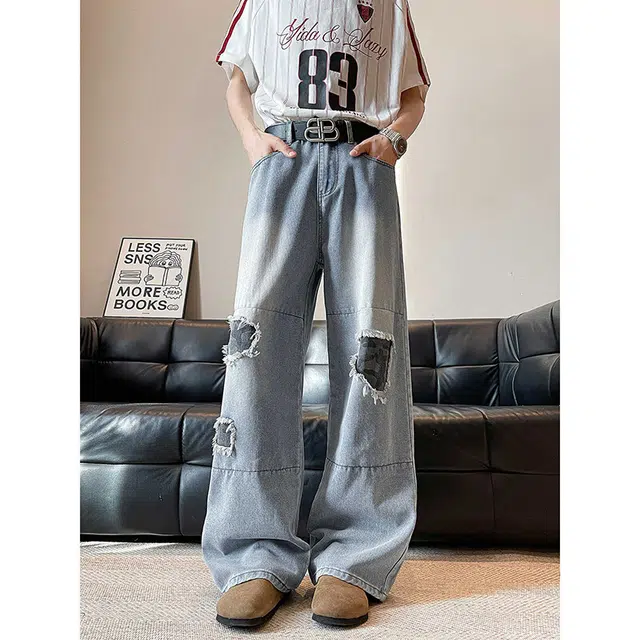 加荣 美式高街复古透气小众水洗破洞做旧水洗宽松休闲潮流阔腿裤牛仔裤 男女同款
