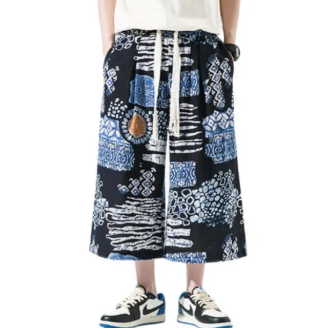 加荣 新中式复古七分裤男夏季轻薄透气潮牌青少年日常出行百搭男裤宽松休闲小众抽绳松紧腰大码中国风棉麻直筒沙滩阔腿裤短裤 男女同款