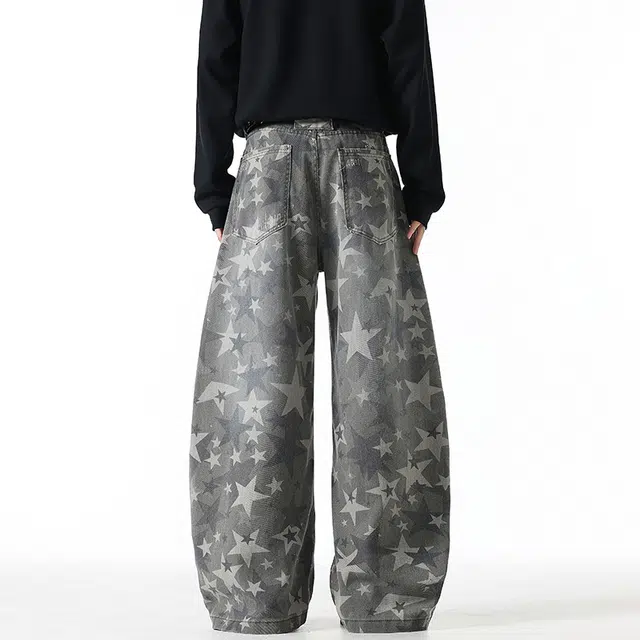 加荣 美式复古星星印花做旧牛仔裤男秋季宽松休闲裤男潮流百搭弯刀裤男士慵懒风松弛感直筒裤男款青少年帅气男装裤子高级长裤 男女同款