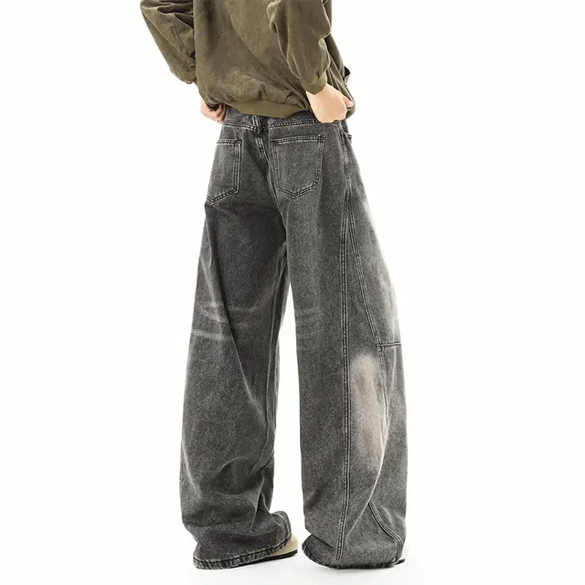 加荣 早秋宽松水洗做旧牛仔裤男美式复古分割拼接弯刀裤男款休闲阔腿裤直筒百搭男士裤子时尚高级感痞帅拖地长裤 男女同款