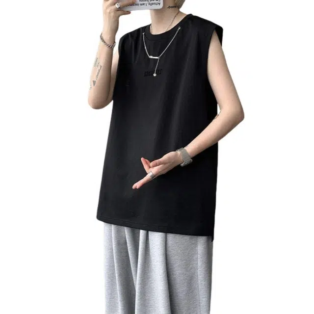 加荣 美式复古金属项链速干薄款透气潮流痞帅百搭简约字母日常出行休闲运动坎肩宽松圆领无袖背心 男女同款