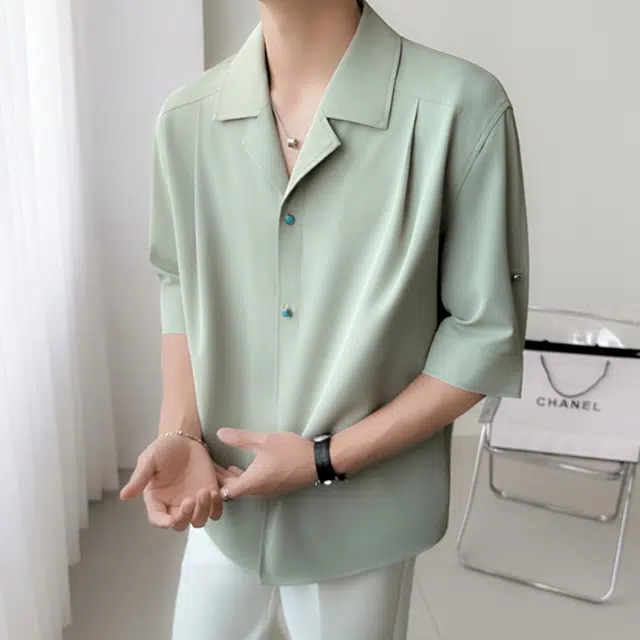 加荣 高级设计感翻领薄款透气潮流百搭绿松石扣设计穿搭垂感五分短袖衬衫 男女同款