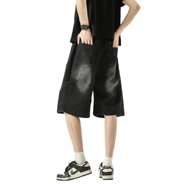 加荣 美式小众设计感青少年日常出行通勤褶皱直筒五分裤男夏季轻薄透气休闲中裤潮牌百搭高街牛仔短裤 男女同款