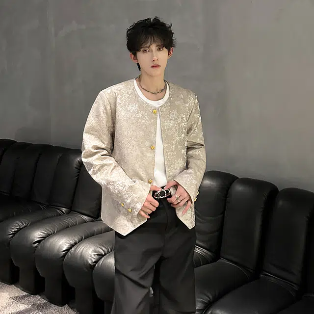 加荣 新中式短款垫肩夹克男中国风提花设计感高级西装男款早秋宽松痞帅外衣男装时尚洋气西服男慵懒风松弛感上衣礼服外套 男女同款